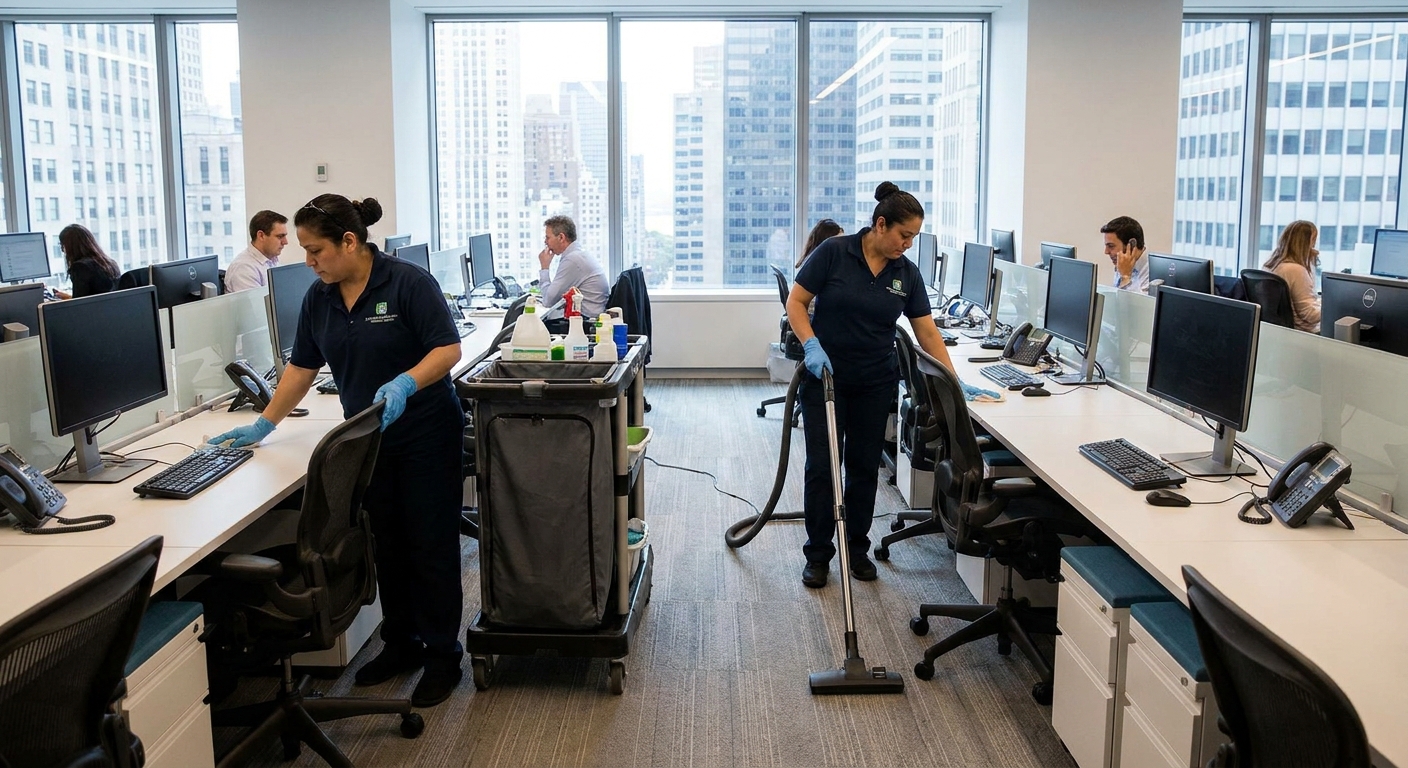 Office cleaning team in Manhattan ensuring frequent cleaning for a healthier workspace